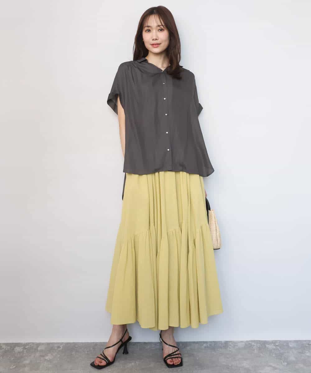 FOBGD68140 MK MICHEL KLEIN(MK ミッシェルクラン) [UVカット/接触冷感/洗える]メタル釦デザイン サテン地ブラウス ターコイズ