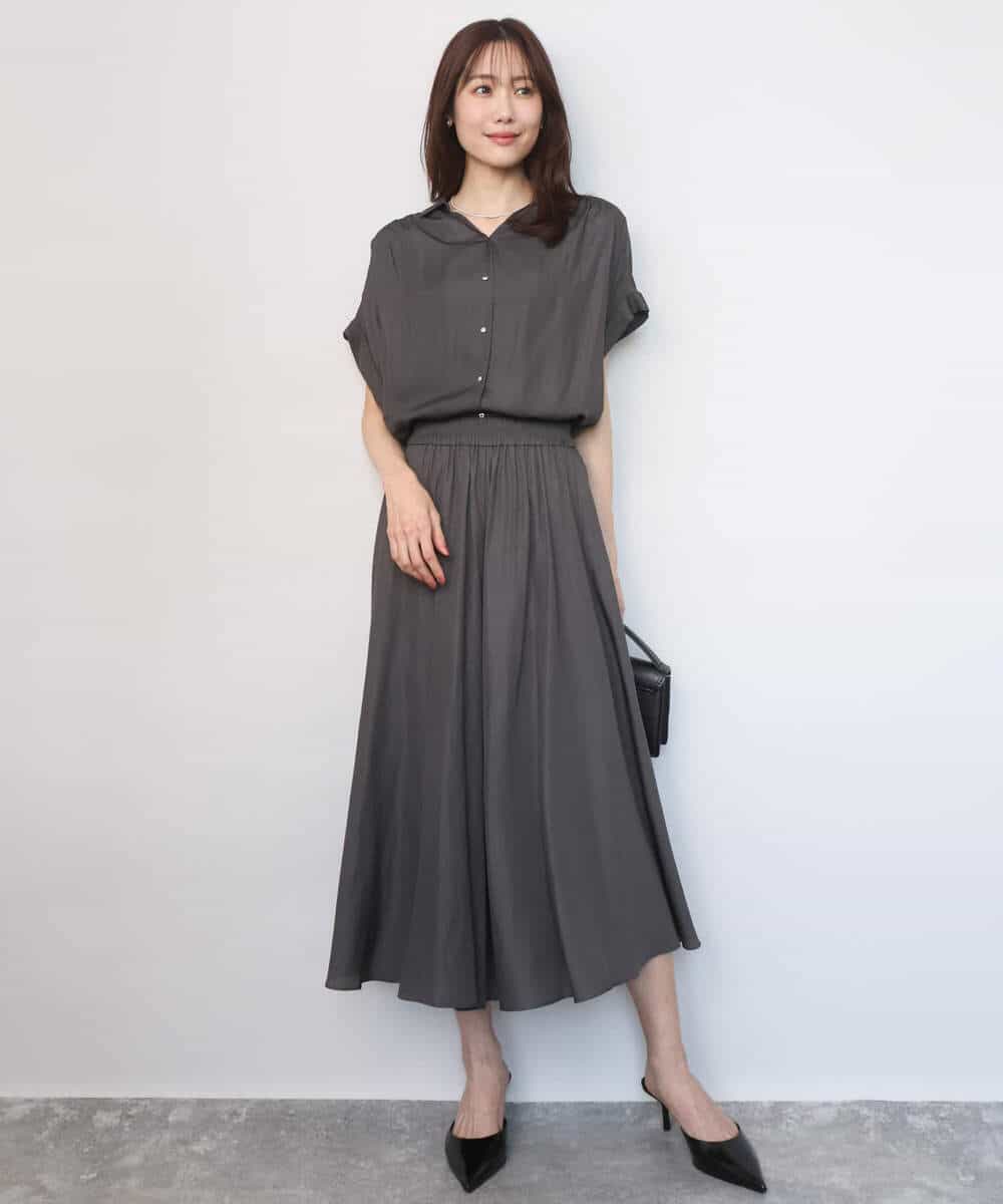 FOBGD68140 MK MICHEL KLEIN(MK ミッシェルクラン) [UVカット/接触冷感/洗える]メタル釦デザイン サテン地ブラウス ターコイズ