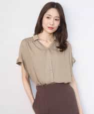 FOBGD68140 MK MICHEL KLEIN(MK ミッシェルクラン) [UVカット/接触冷感/洗える]メタル釦デザイン サテン地ブラウス ターコイズ