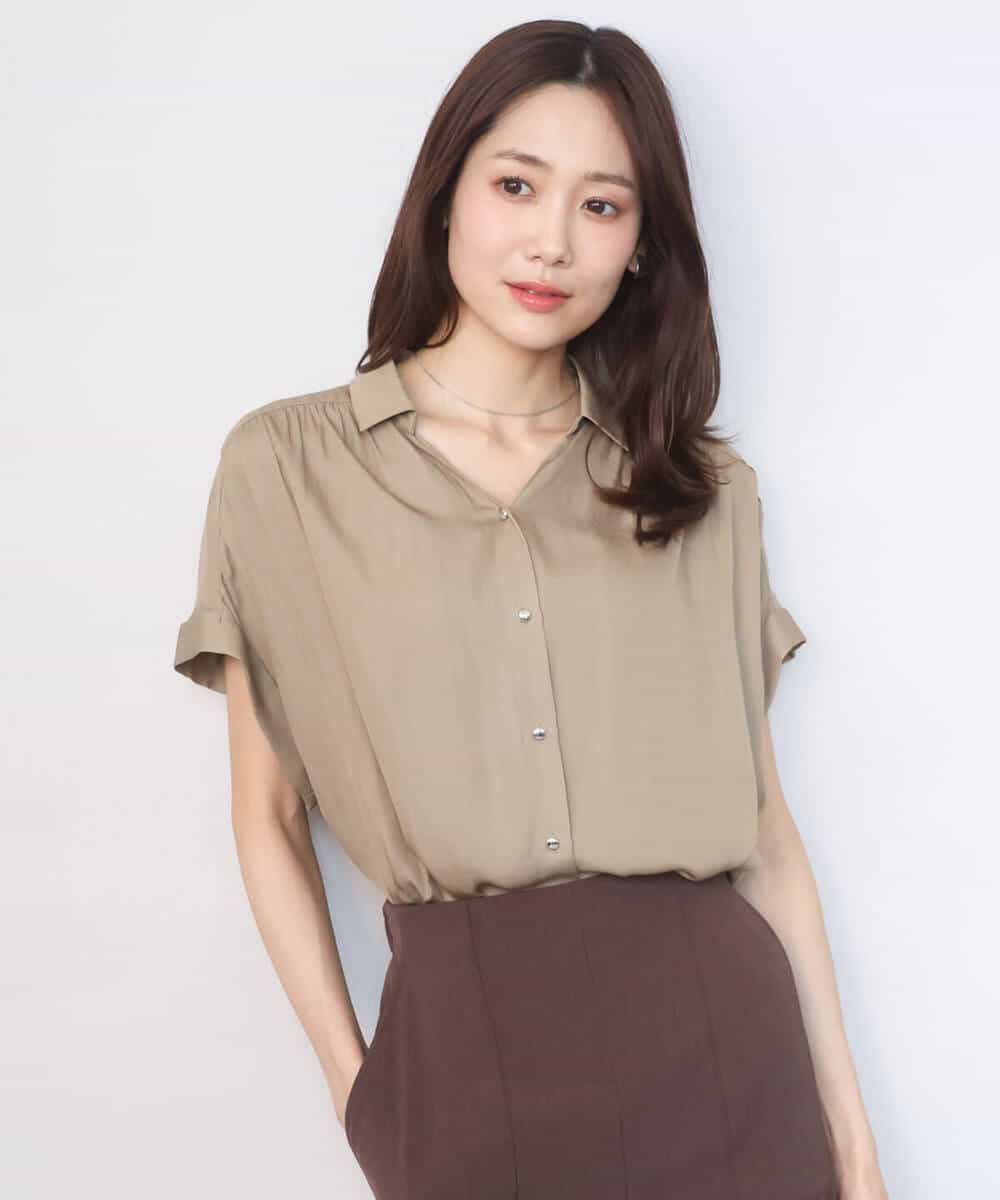 FOBGD68140 MK MICHEL KLEIN(MK ミッシェルクラン) [UVカット/接触冷感/洗える]メタル釦デザイン サテン地ブラウス ターコイズ