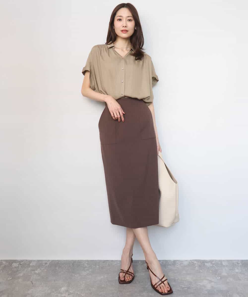 FOBGD68140 MK MICHEL KLEIN(MK ミッシェルクラン) [UVカット/接触冷感/洗える]メタル釦デザイン サテン地ブラウス ターコイズ