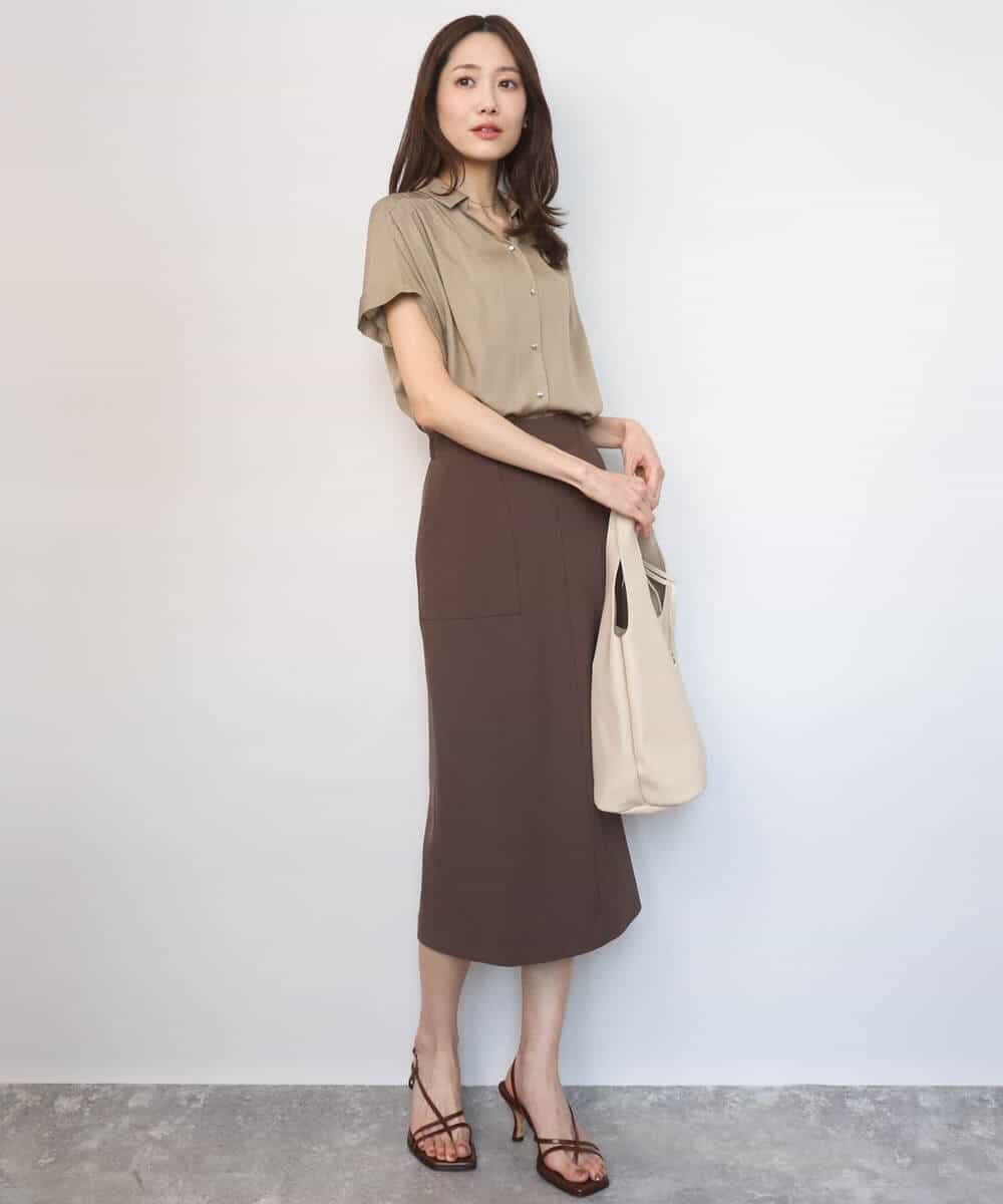 FOBGD68140 MK MICHEL KLEIN(MK ミッシェルクラン) [UVカット/接触冷感/洗える]メタル釦デザイン サテン地ブラウス ターコイズ