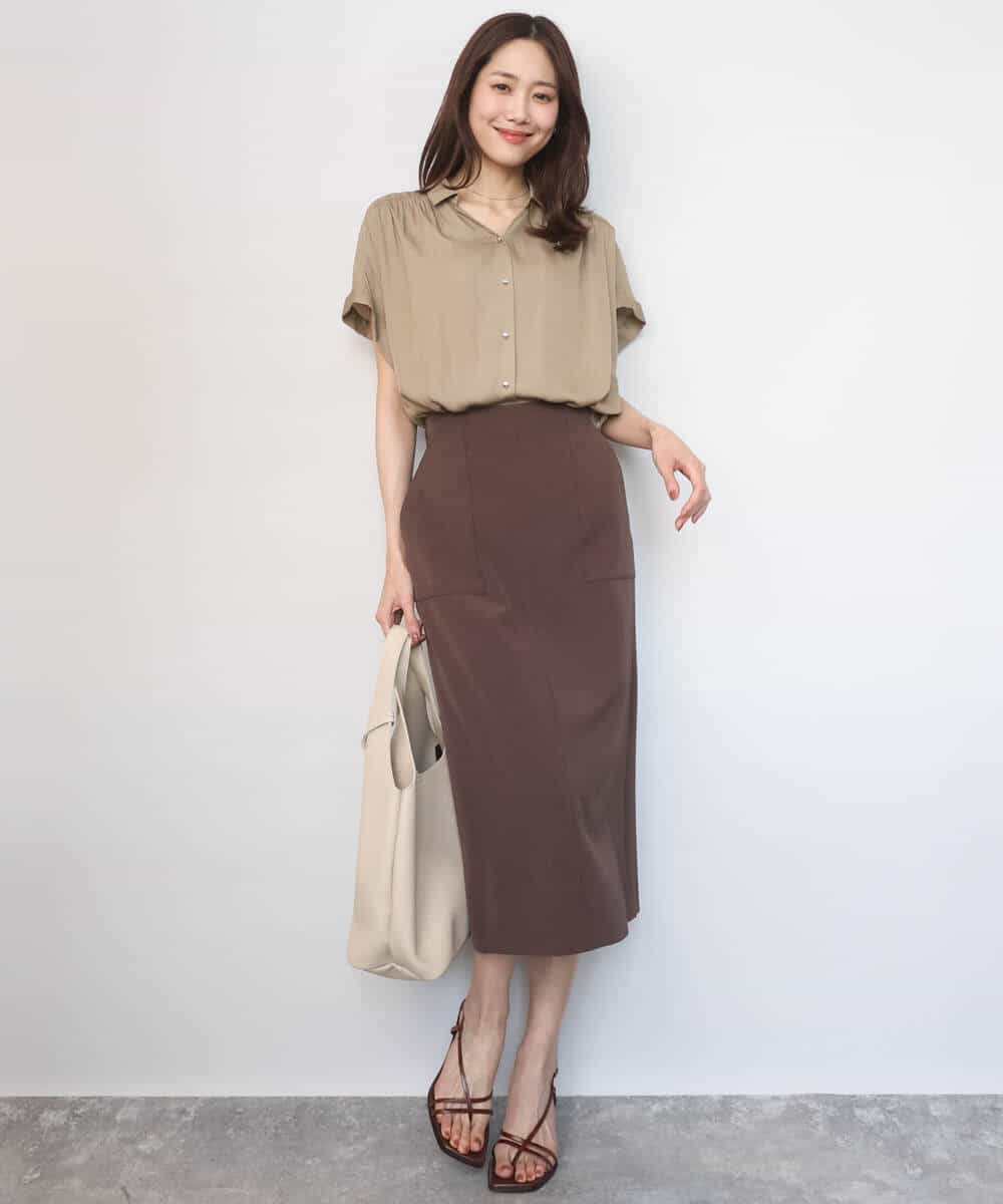 FOBGD68140 MK MICHEL KLEIN(MK ミッシェルクラン) [UVカット/接触冷感/洗える]メタル釦デザイン サテン地ブラウス ターコイズ