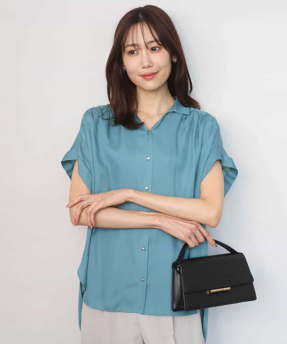 FOBGD68140 MK MICHEL KLEIN(MK ミッシェルクラン) [UVカット/接触冷感/洗える]メタル釦デザイン サテン地ブラウス ターコイズ