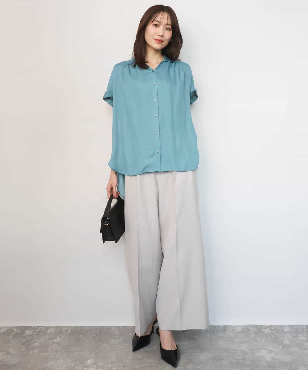 FOBGD68140 MK MICHEL KLEIN(MK ミッシェルクラン) [UVカット/接触冷感/洗える]メタル釦デザイン サテン地ブラウス ターコイズ