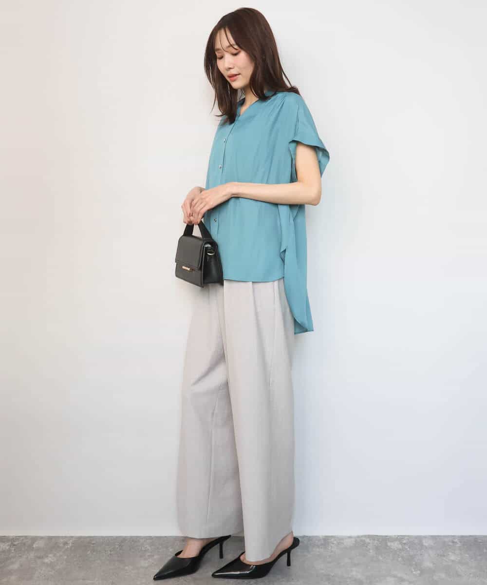 FOBGD68140 MK MICHEL KLEIN(MK ミッシェルクラン) [UVカット/接触冷感/洗える]メタル釦デザイン サテン地ブラウス ターコイズ