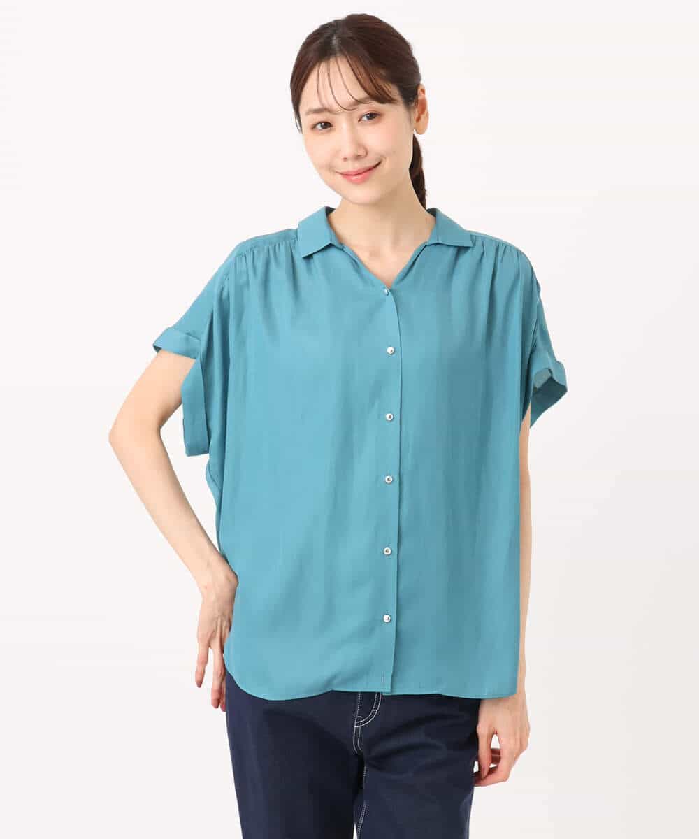 FOBGD68140 MK MICHEL KLEIN(MK ミッシェルクラン) [UVカット/接触冷感/洗える]メタル釦デザイン サテン地ブラウス ターコイズ