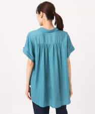 FOBGD68140 MK MICHEL KLEIN(MK ミッシェルクラン) [UVカット/接触冷感/洗える]メタル釦デザイン サテン地ブラウス ターコイズ