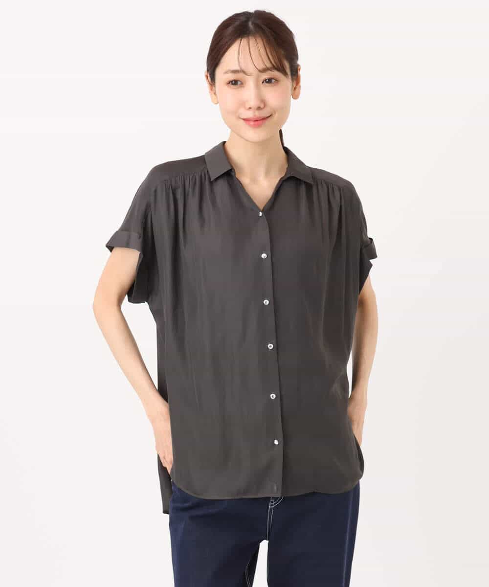 FOBGD68140 MK MICHEL KLEIN(MK ミッシェルクラン) [UVカット/接触冷感/洗える]メタル釦デザイン サテン地ブラウス ターコイズ