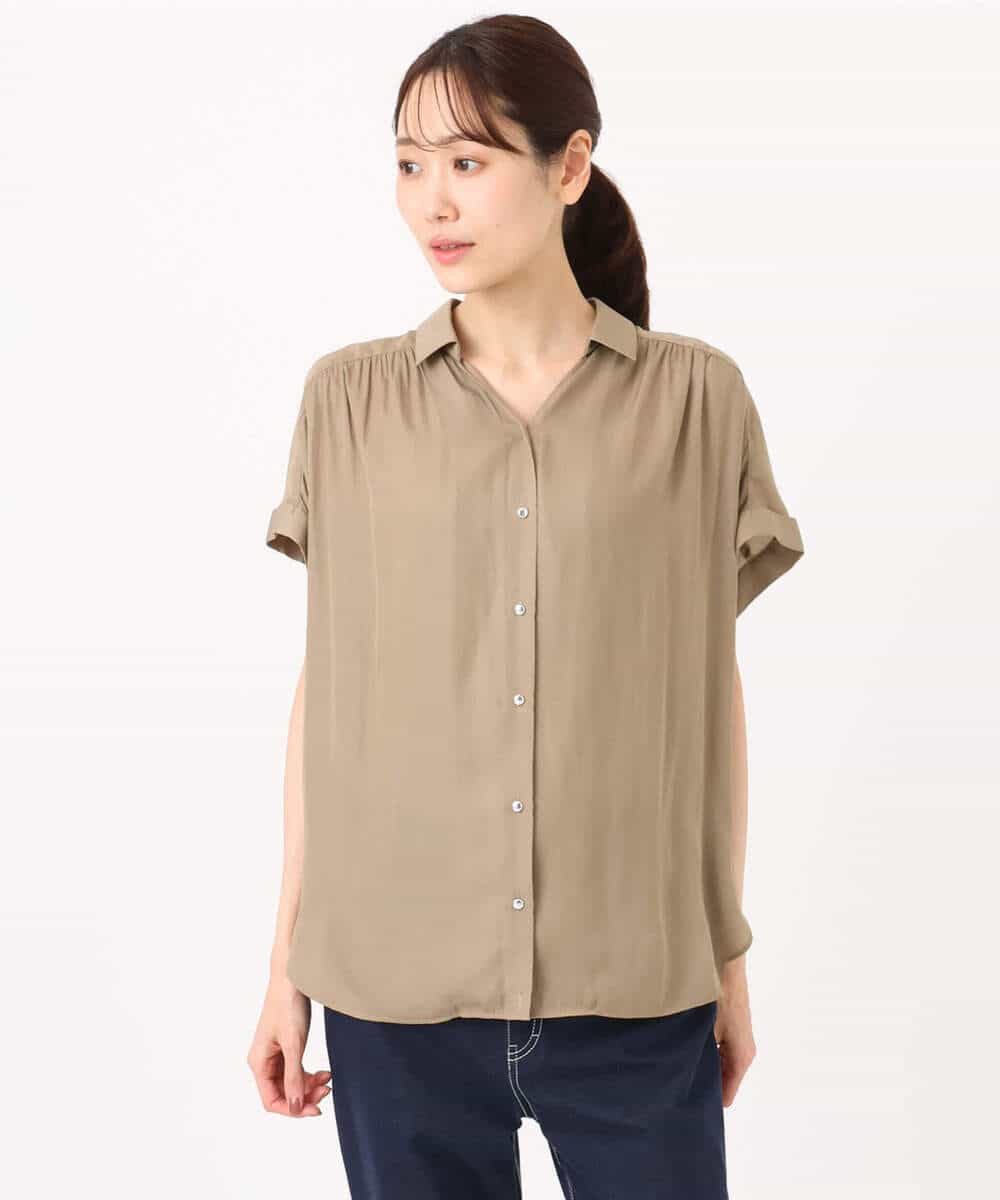 FOBGD68140 MK MICHEL KLEIN(MK ミッシェルクラン) [UVカット/接触冷感/洗える]メタル釦デザイン サテン地ブラウス ターコイズ