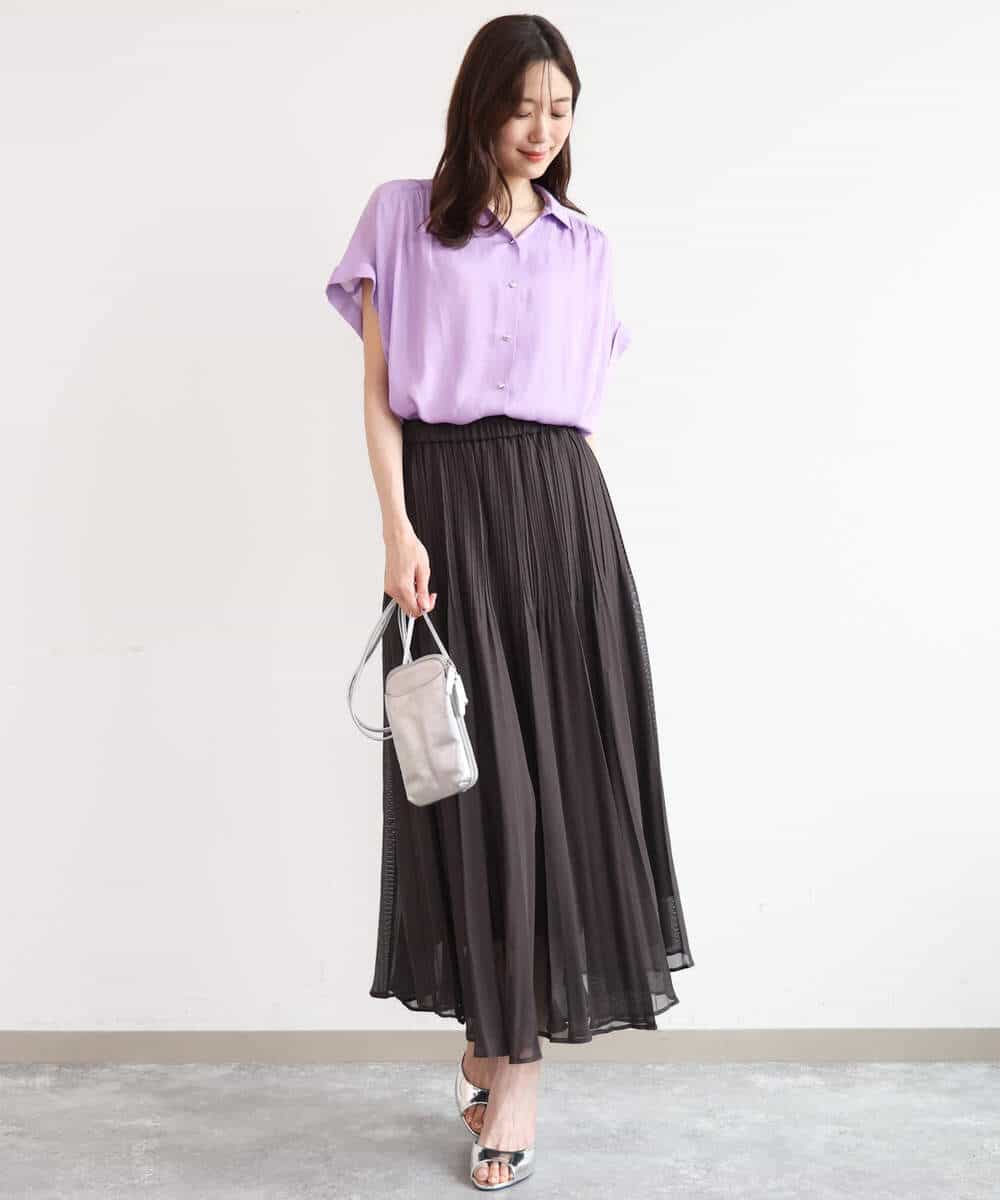 FOBGD68140 MK MICHEL KLEIN(MK ミッシェルクラン) [瞬美シリーズ/UVカット/接触冷感/洗える]メタル釦デザイン サテン地ブラウス ターコイズ