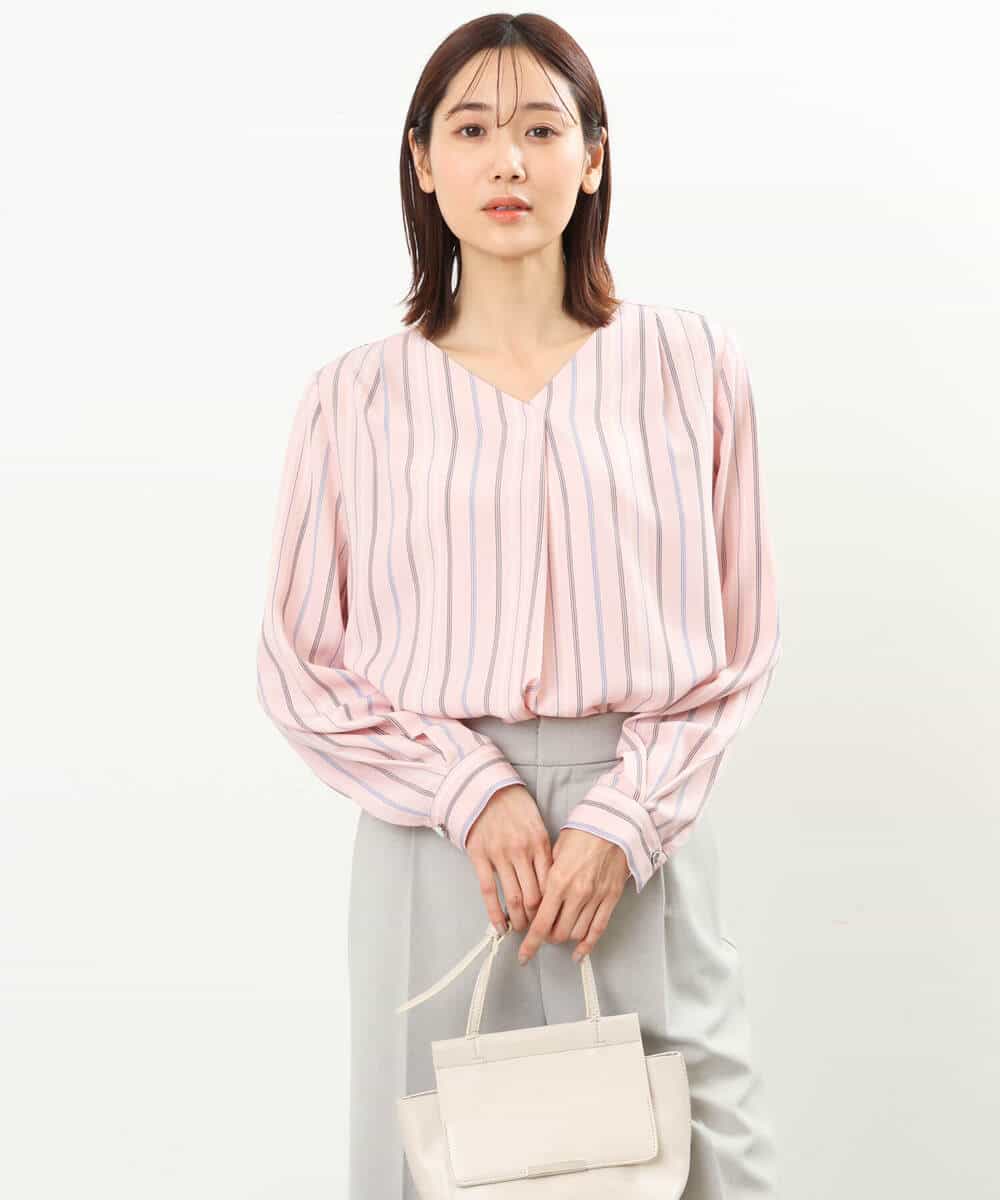 FOBGS37140 MK MICHEL KLEIN(MK ミッシェルクラン) マルチストライプ柄ブラウス/洗える アイボリー