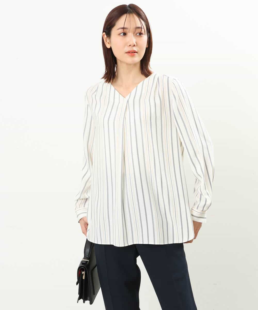 FOBGS37140 MK MICHEL KLEIN(MK ミッシェルクラン) マルチストライプ柄ブラウス/洗える アイボリー