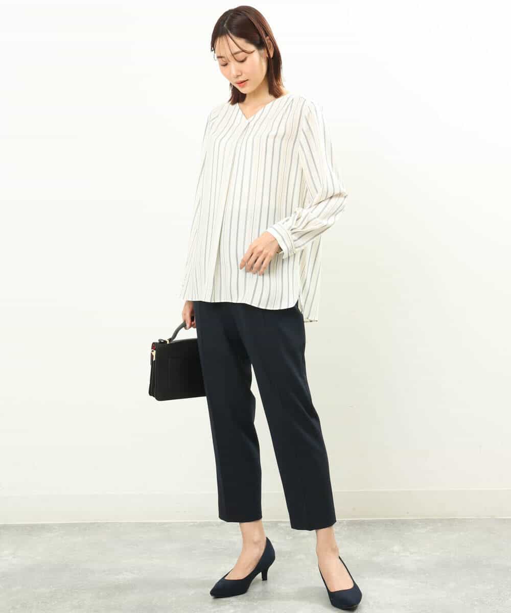 FOBGS37140 MK MICHEL KLEIN(MK ミッシェルクラン) マルチストライプ柄ブラウス/洗える アイボリー