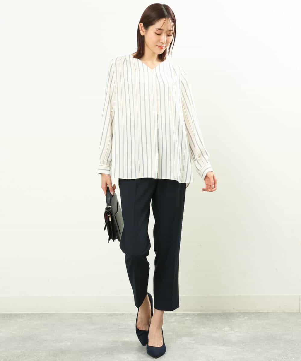 FOBGS37140 MK MICHEL KLEIN(MK ミッシェルクラン) マルチストライプ柄ブラウス/洗える アイボリー