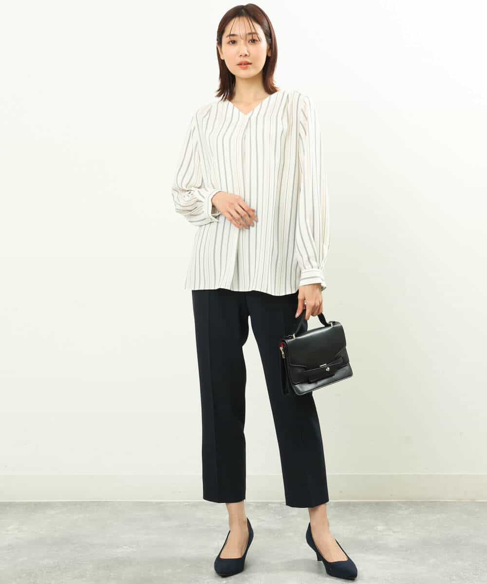 FOBGS37140 MK MICHEL KLEIN(MK ミッシェルクラン) マルチストライプ柄ブラウス/洗える アイボリー