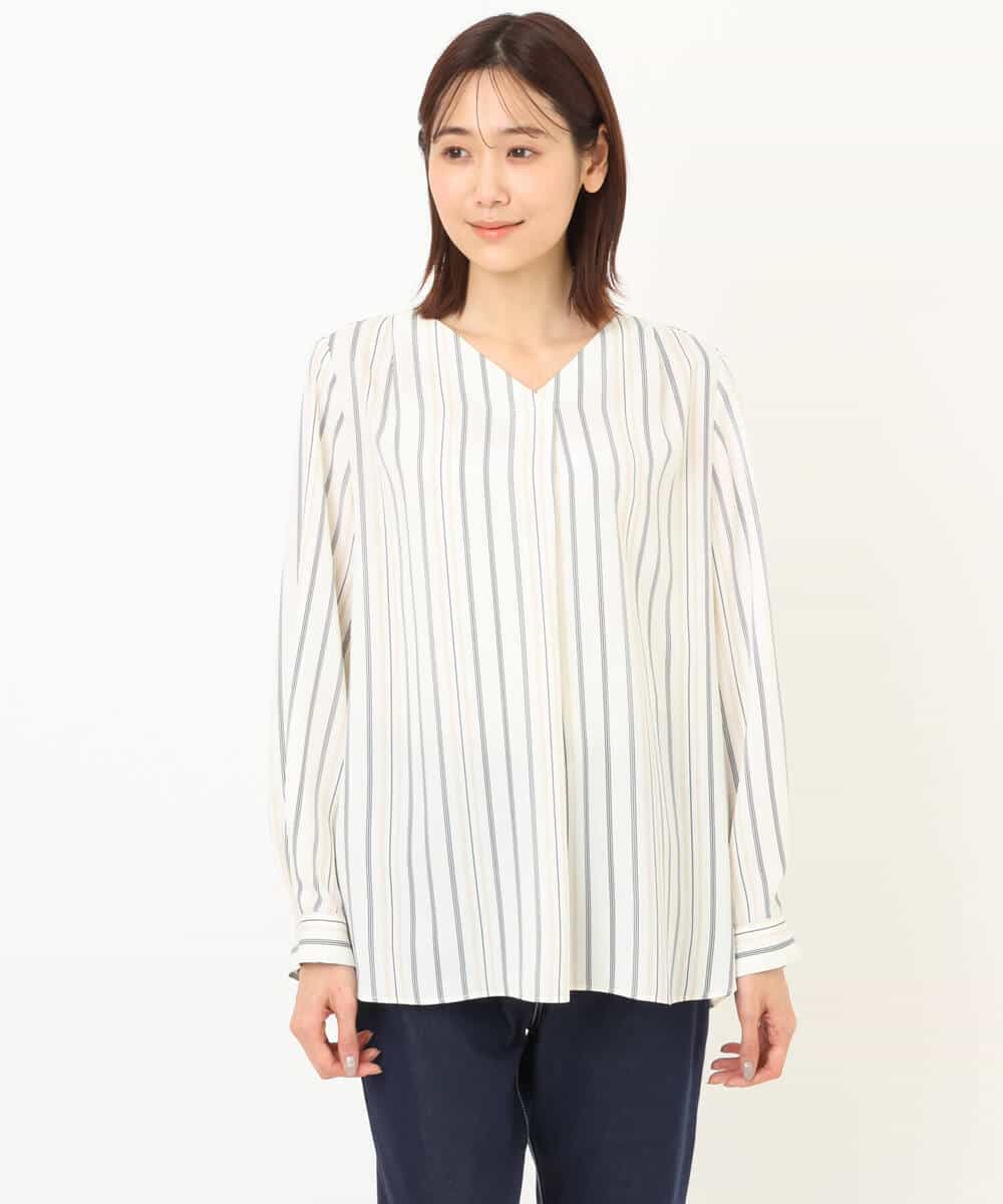 FOBGS37140 MK MICHEL KLEIN(MK ミッシェルクラン) マルチストライプ柄ブラウス/洗える アイボリー