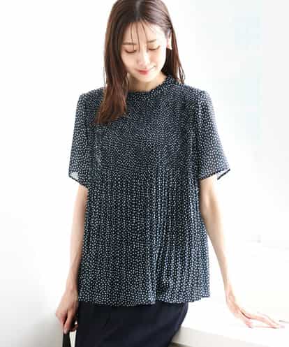 FOBHA67150 MK MICHEL KLEIN ランダムドット柄プリーツブラウス/洗える