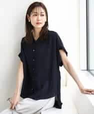 FOBHA68130 MK MICHEL KLEIN(MK ミッシェルクラン) メタル釦デザイン サテン地ブラウス/接触冷感/洗える ダークネイビー
