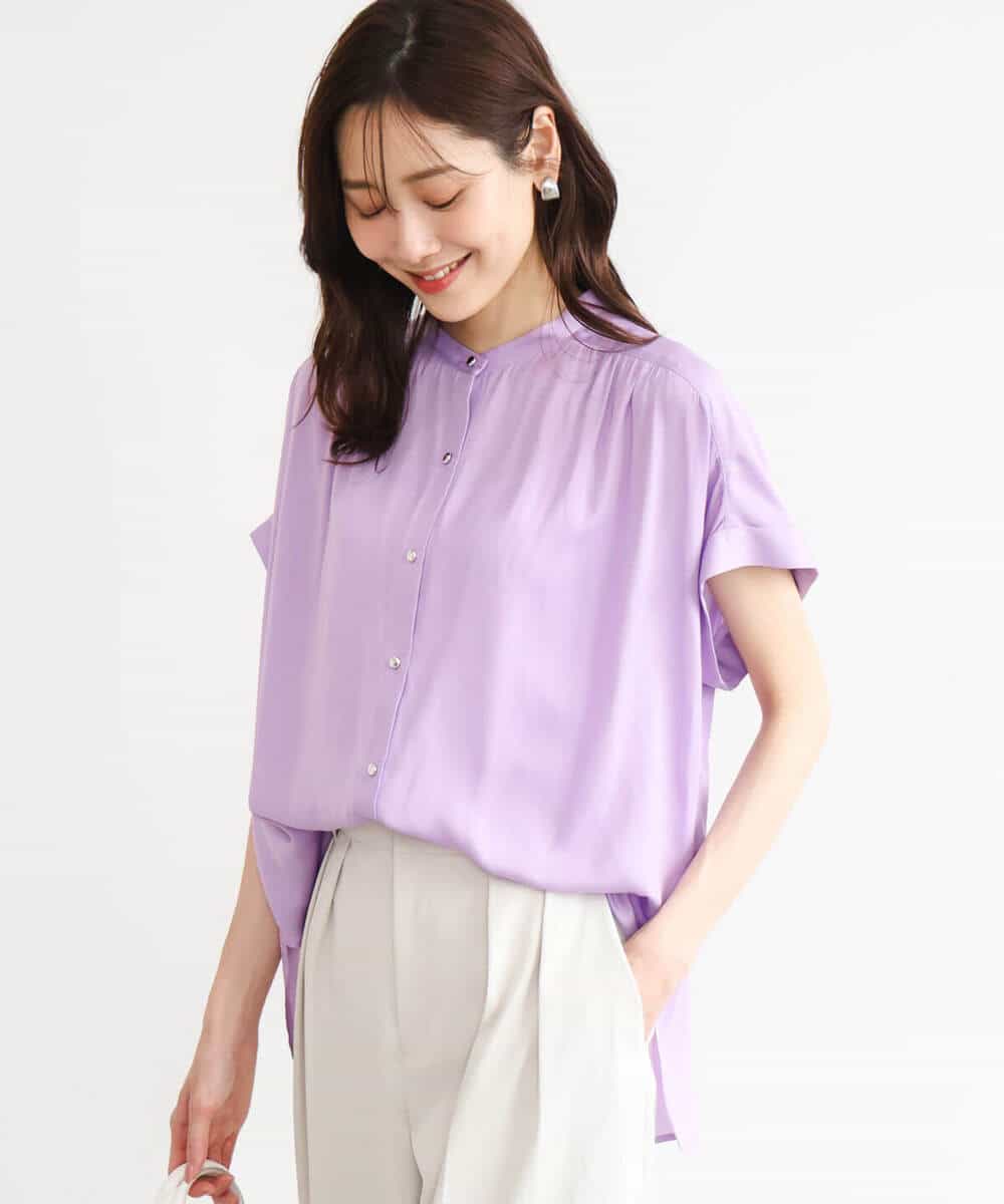 FOBHD67140 MK MICHEL KLEIN(MK ミッシェルクラン) [UVカット/接触冷感/洗える]バンドカラーサテンブラウス ダークグレー