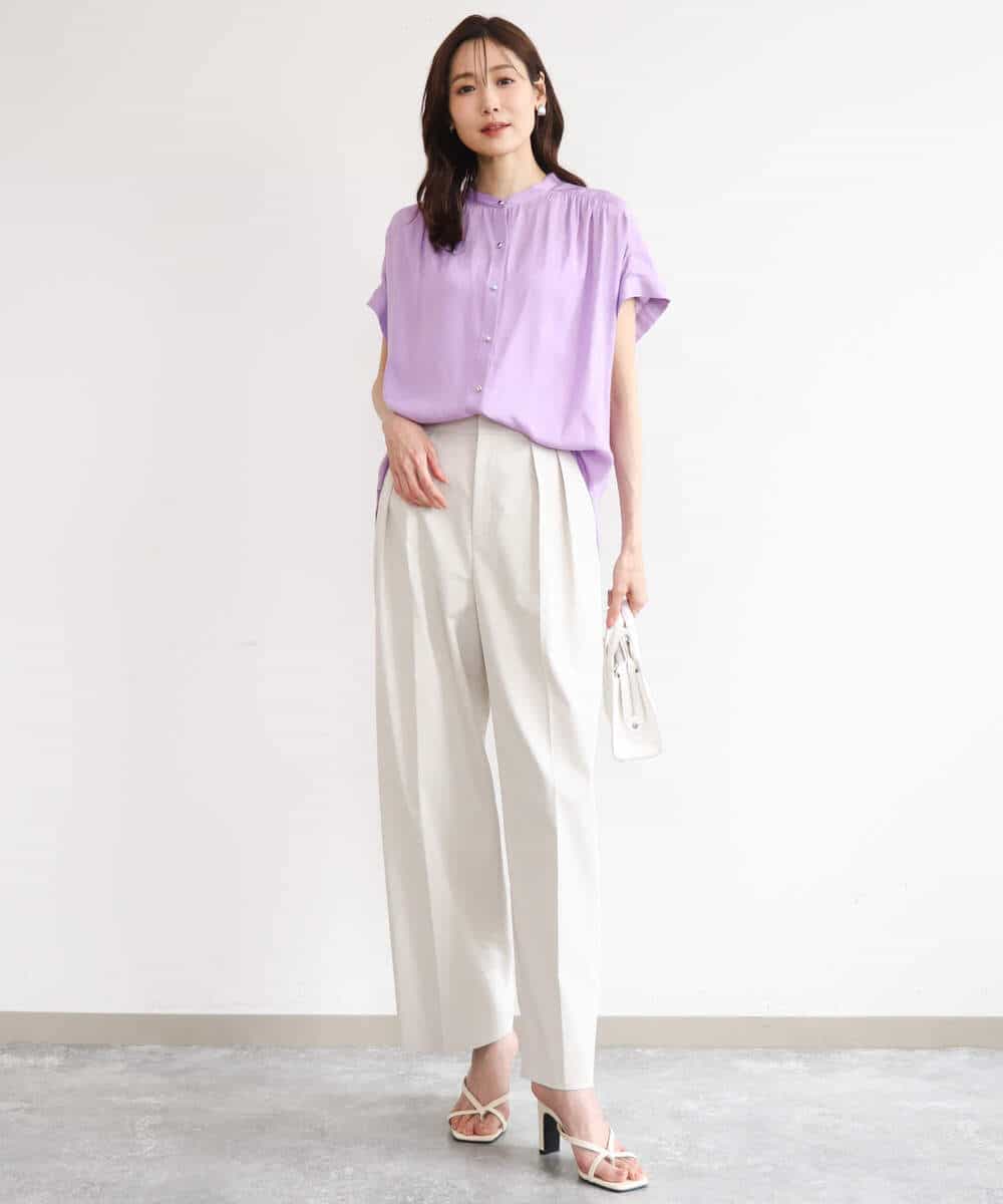 FOBHD67140 MK MICHEL KLEIN(MK ミッシェルクラン) [UVカット/接触冷感/洗える]バンドカラーサテンブラウス ダークグレー