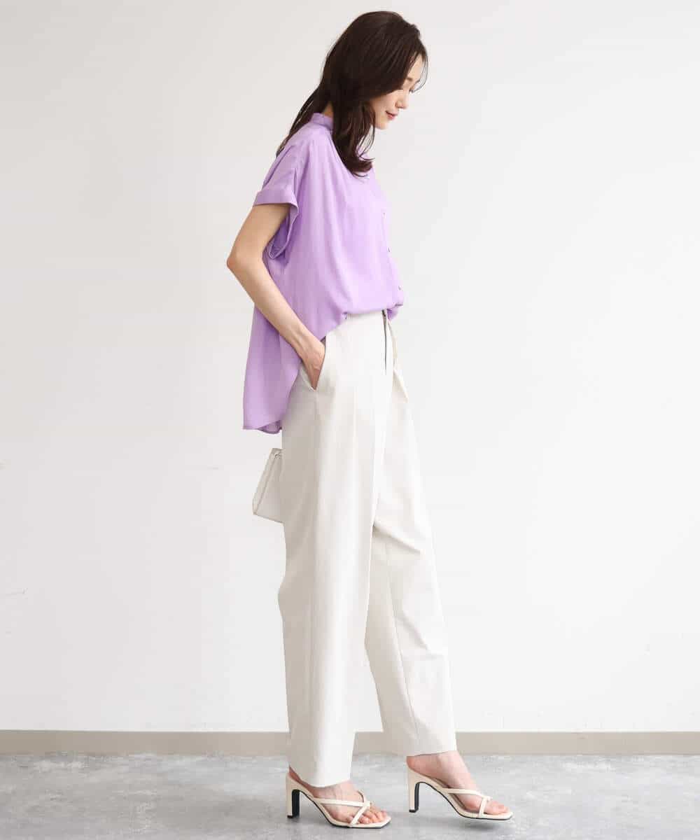 FOBHD67140 MK MICHEL KLEIN(MK ミッシェルクラン) [UVカット/接触冷感/洗える]バンドカラーサテンブラウス ダークグレー