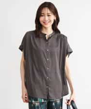 FOBHD67140 MK MICHEL KLEIN(MK ミッシェルクラン) [UVカット/接触冷感/洗える]バンドカラーサテンブラウス ダークグレー