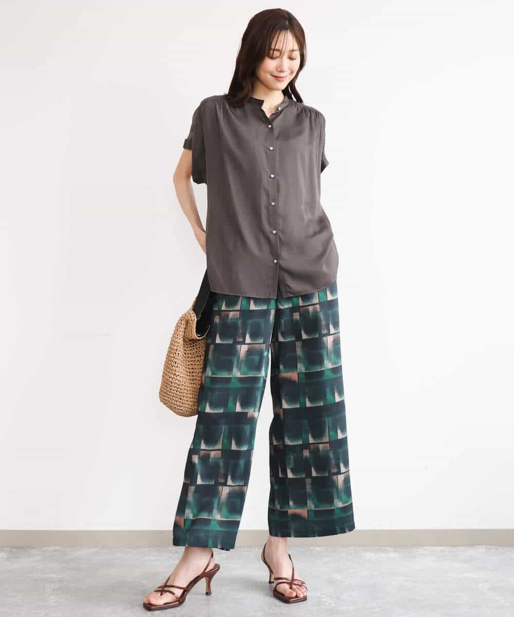 FOBHD67140 MK MICHEL KLEIN(MK ミッシェルクラン) [UVカット/接触冷感/洗える]バンドカラーサテンブラウス ダークグレー