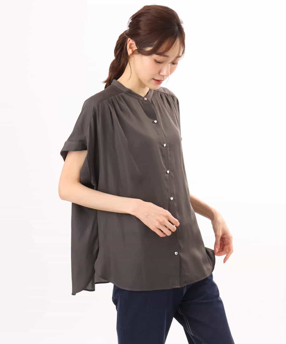 FOBHD67140 MK MICHEL KLEIN(MK ミッシェルクラン) [UVカット/接触冷感/洗える]バンドカラーサテンブラウス ダークグレー