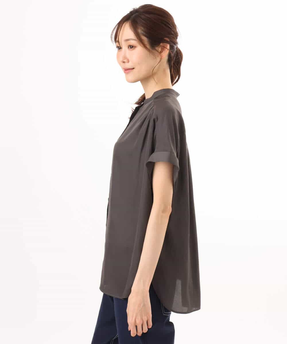 FOBHD67140 MK MICHEL KLEIN(MK ミッシェルクラン) [UVカット/接触冷感/洗える]バンドカラーサテンブラウス ダークグレー