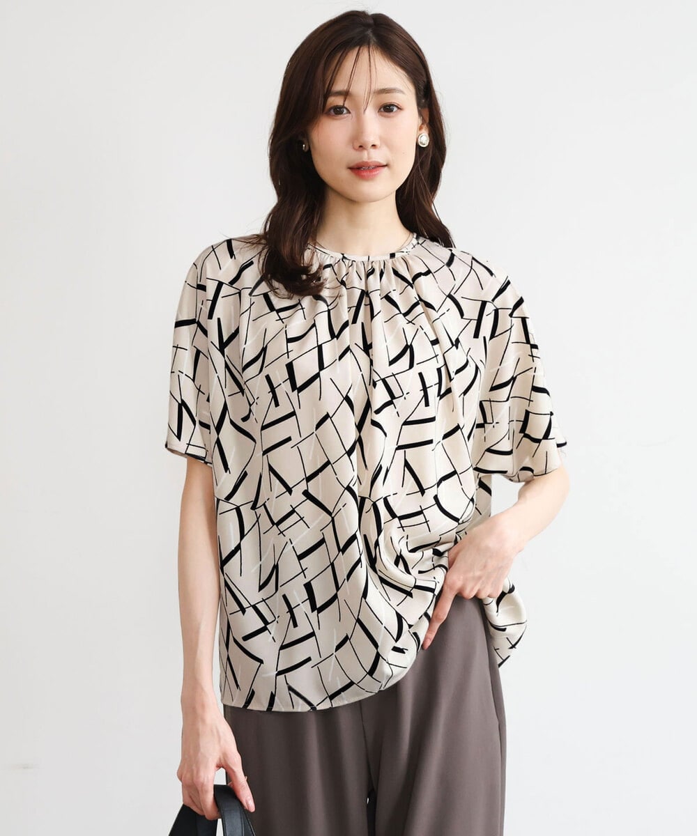 FOBHD68140 MK MICHEL KLEIN(MK ミッシェルクラン) [接触冷感/洗える]アートプリントブラウス ブラウン