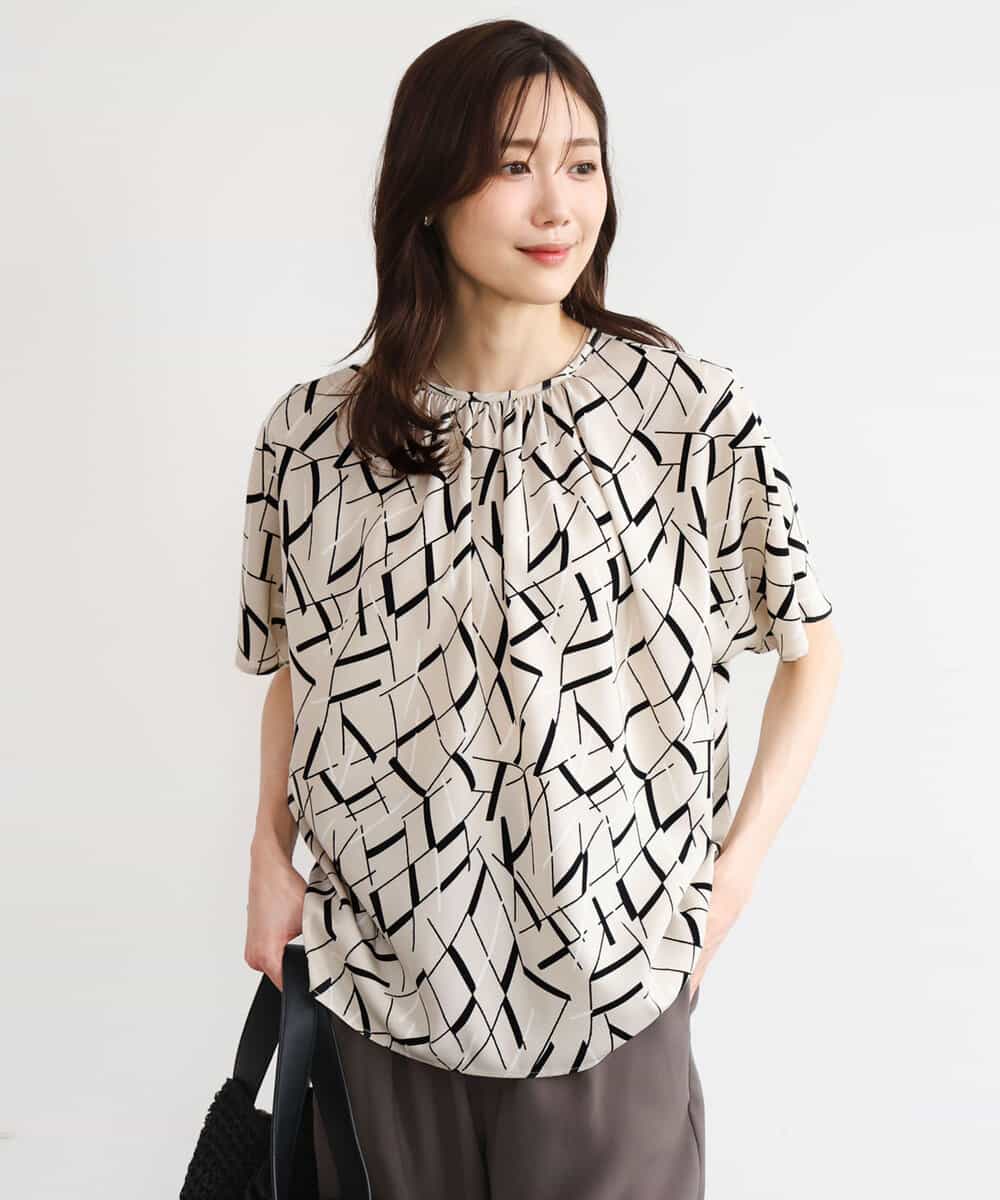 FOBHD68140 MK MICHEL KLEIN(MK ミッシェルクラン) [接触冷感/洗える]アートプリントブラウス ベージュ