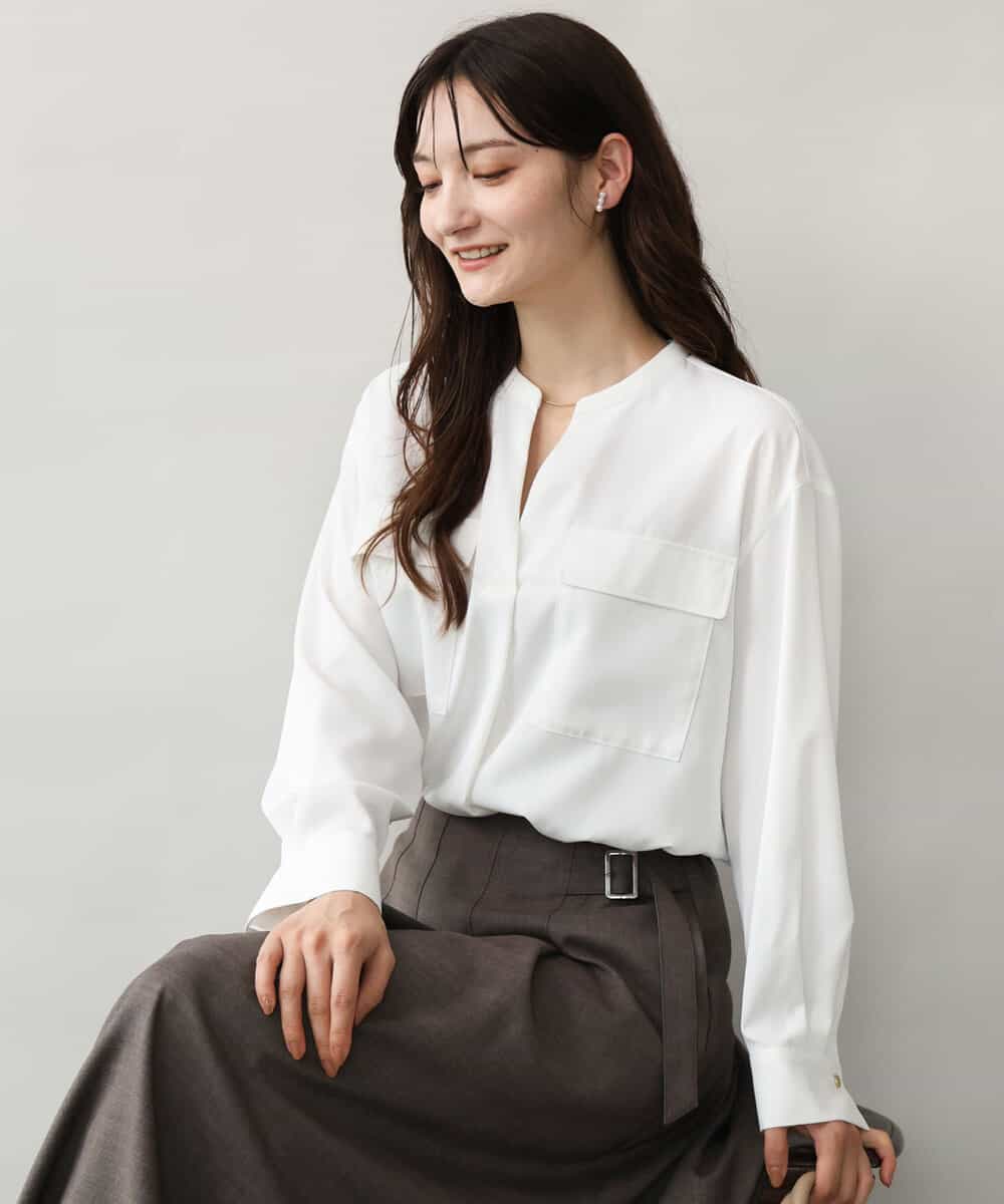 FOBJD48150 MK MICHEL KLEIN(MK ミッシェルクラン) [UVカット/洗える]パッチポケットデザインブラウス ホワイト