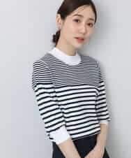 FOFDA10100 MK MICHEL KLEIN(MK ミッシェルクラン) ボーダー柄モックネック六分袖ニット/洗える ネイビー