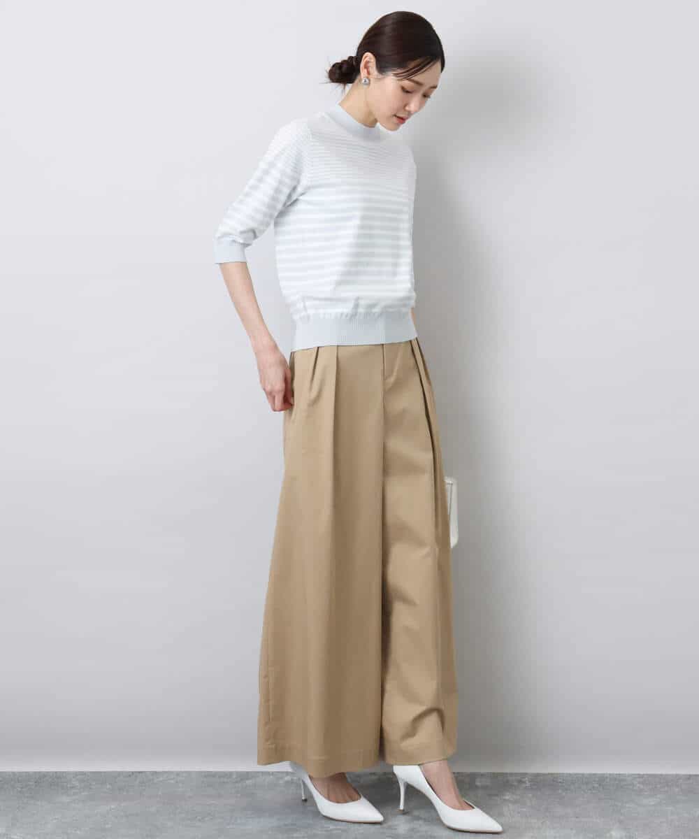FOFDA10100 MK MICHEL KLEIN(MK ミッシェルクラン) ボーダー柄モックネック六分袖ニット/洗える ネイビー