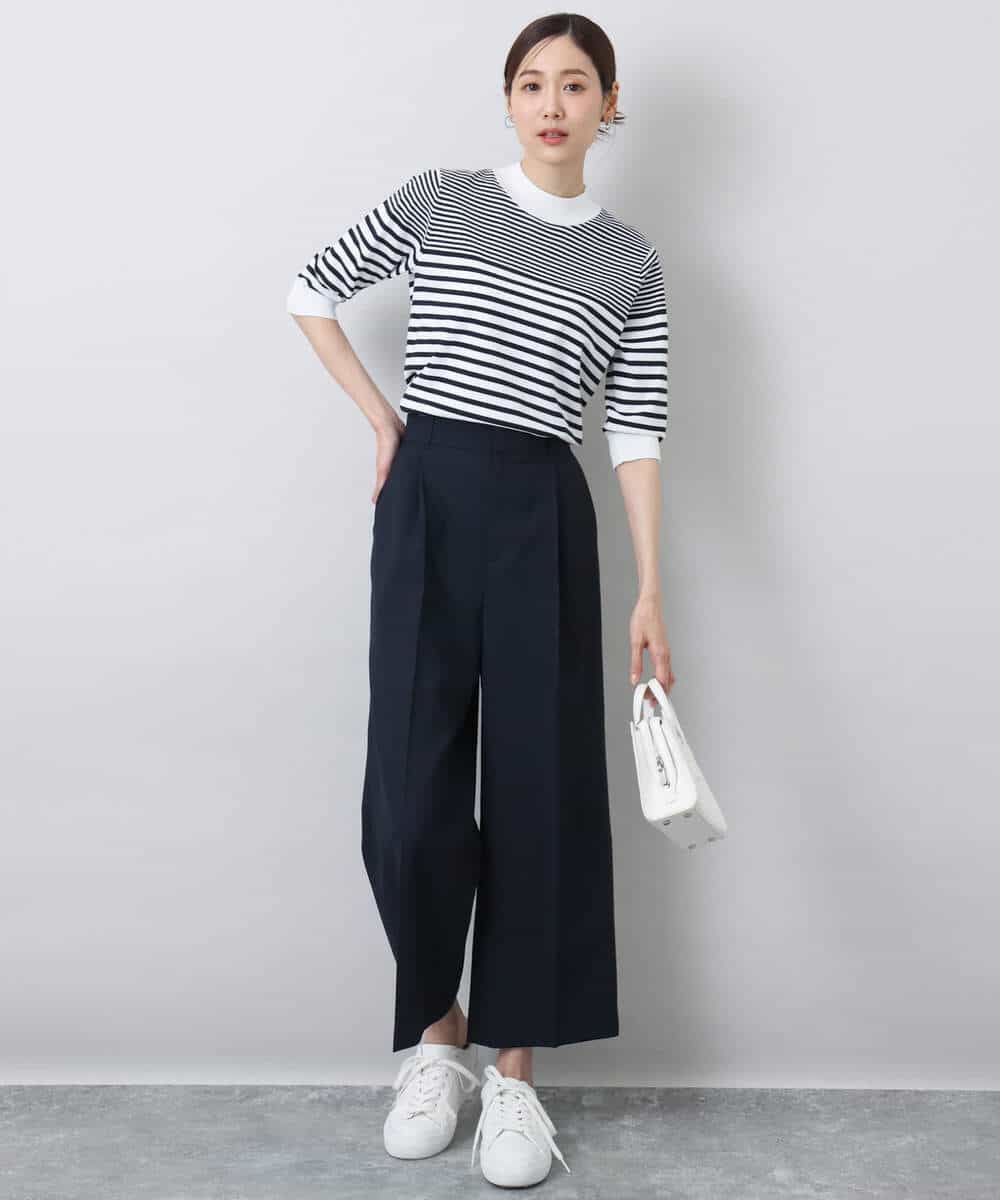 FOFDA10100 MK MICHEL KLEIN(MK ミッシェルクラン) ボーダー柄モックネック六分袖ニット/洗える ネイビー