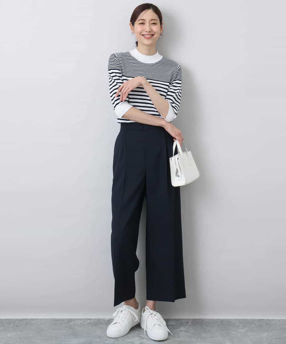 FOFDA10100 MK MICHEL KLEIN(MK ミッシェルクラン) ボーダー柄モックネック六分袖ニット/洗える ネイビー