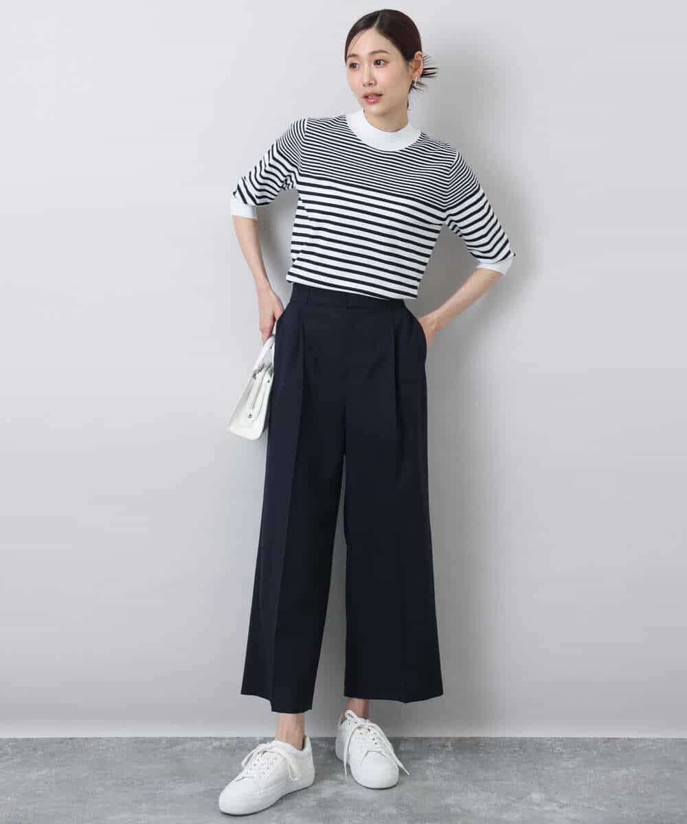 FOFDA10100 MK MICHEL KLEIN(MK ミッシェルクラン) ボーダー柄モックネック六分袖ニット/洗える ネイビー