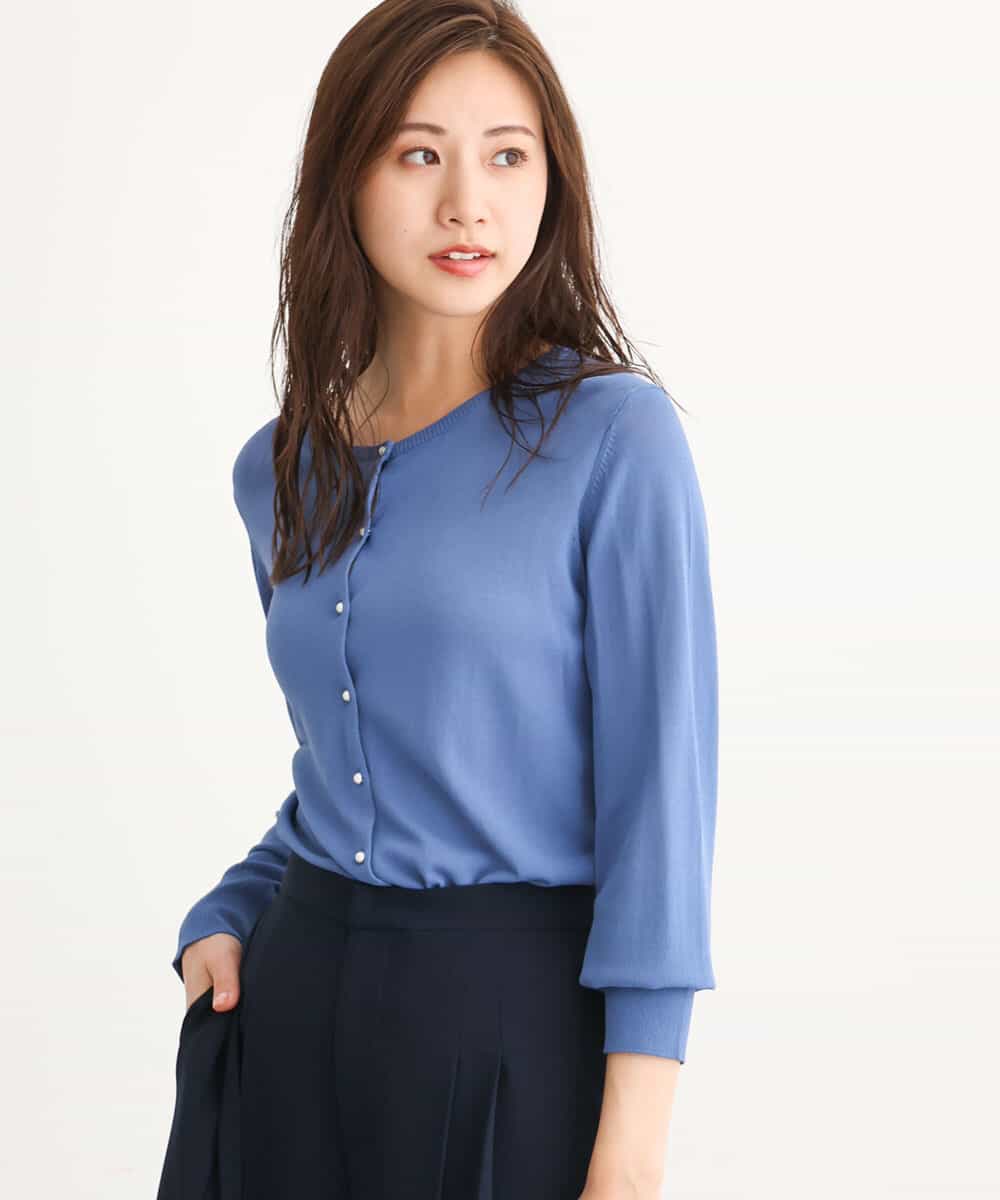 FOFJS03150 MK MICHEL KLEIN(MK ミッシェルクラン) カラーニットアンサンブル（パール調釦カーディガン×半袖リブニット）/洗える ブルー