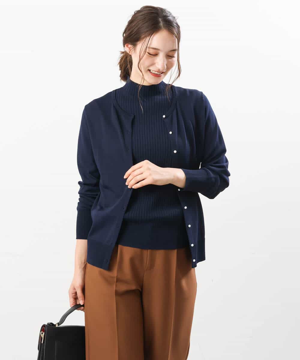 FOFJS03150 MK MICHEL KLEIN(MK ミッシェルクラン) カラーニットアンサンブル（パール調釦カーディガン×半袖リブニット）/洗える ブルー