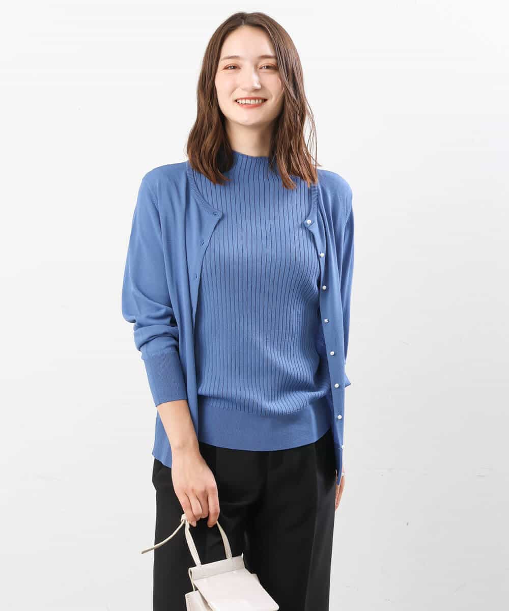 FOFJS03150 MK MICHEL KLEIN(MK ミッシェルクラン) カラーニットアンサンブル（パール調釦カーディガン×半袖リブニット）/洗える ブルー