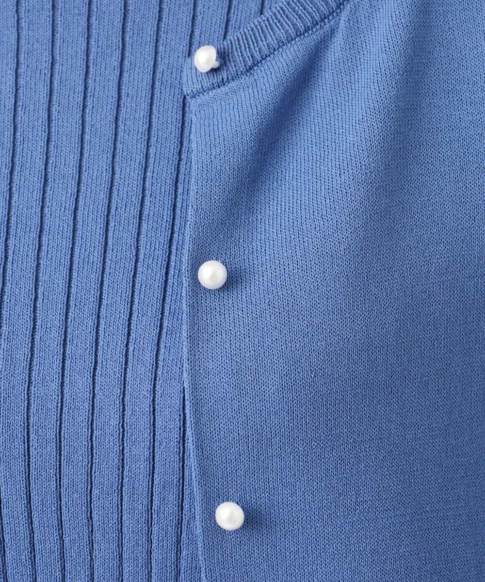 FOFJS03150 MK MICHEL KLEIN(MK ミッシェルクラン) カラーニットアンサンブル（パール調釦カーディガン×半袖リブニット）/洗える ブルー