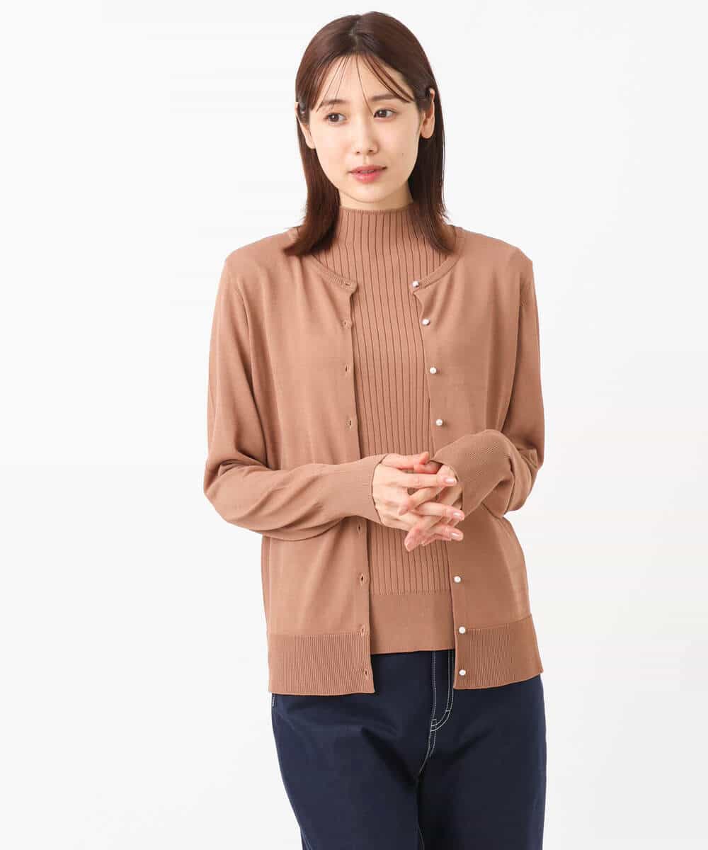 FOFJS03150 MK MICHEL KLEIN(MK ミッシェルクラン) カラーニットアンサンブル（パール調釦カーディガン×半袖リブニット）/洗える ブルー