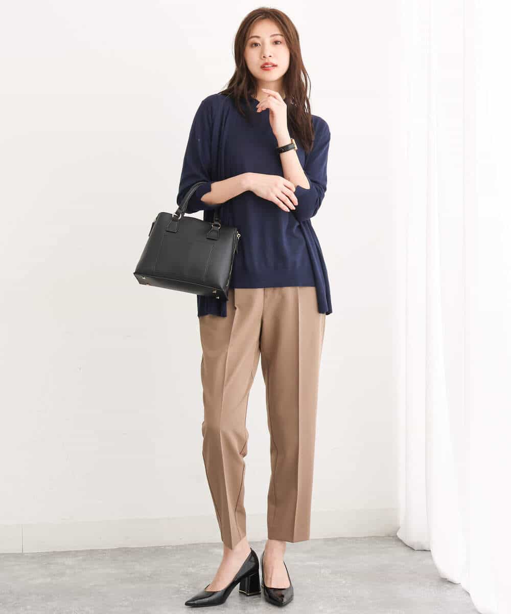 FOFJS04160 MK MICHEL KLEIN(MK ミッシェルクラン) ミドル丈カーディガン×半袖クルーネック カラーニットアンサンブル グレイッシュブルー