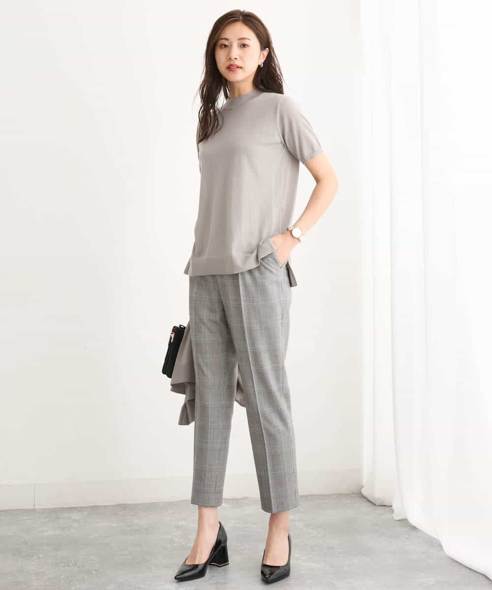 FOFJS04160 MK MICHEL KLEIN(MK ミッシェルクラン) ミドル丈カーディガン×半袖クルーネック カラーニットアンサンブル グレイッシュブルー