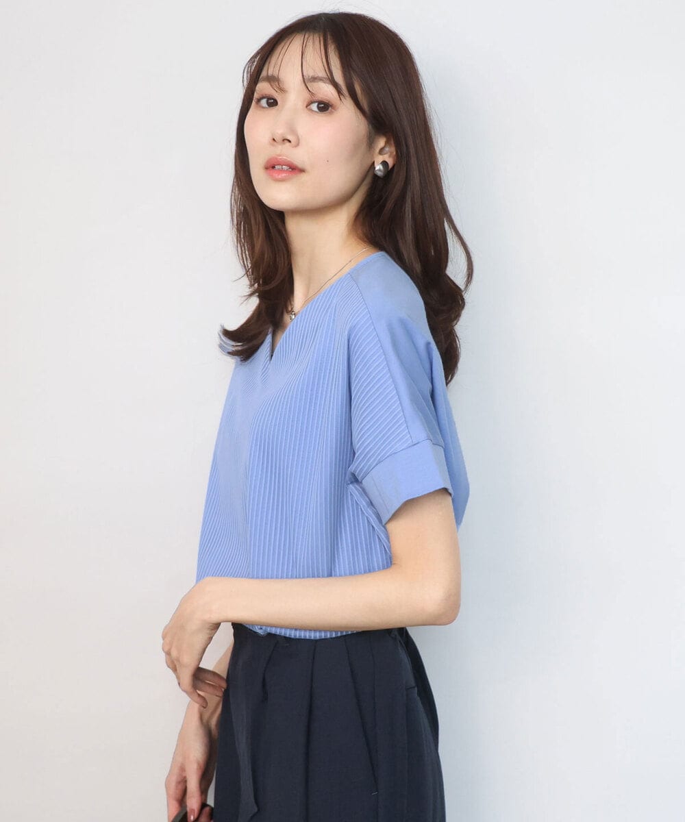 FOKGD40110 MK MICHEL KLEIN(MK ミッシェルクラン) [接触冷感/洗える]ストライプチュールカットソー ライトブルー