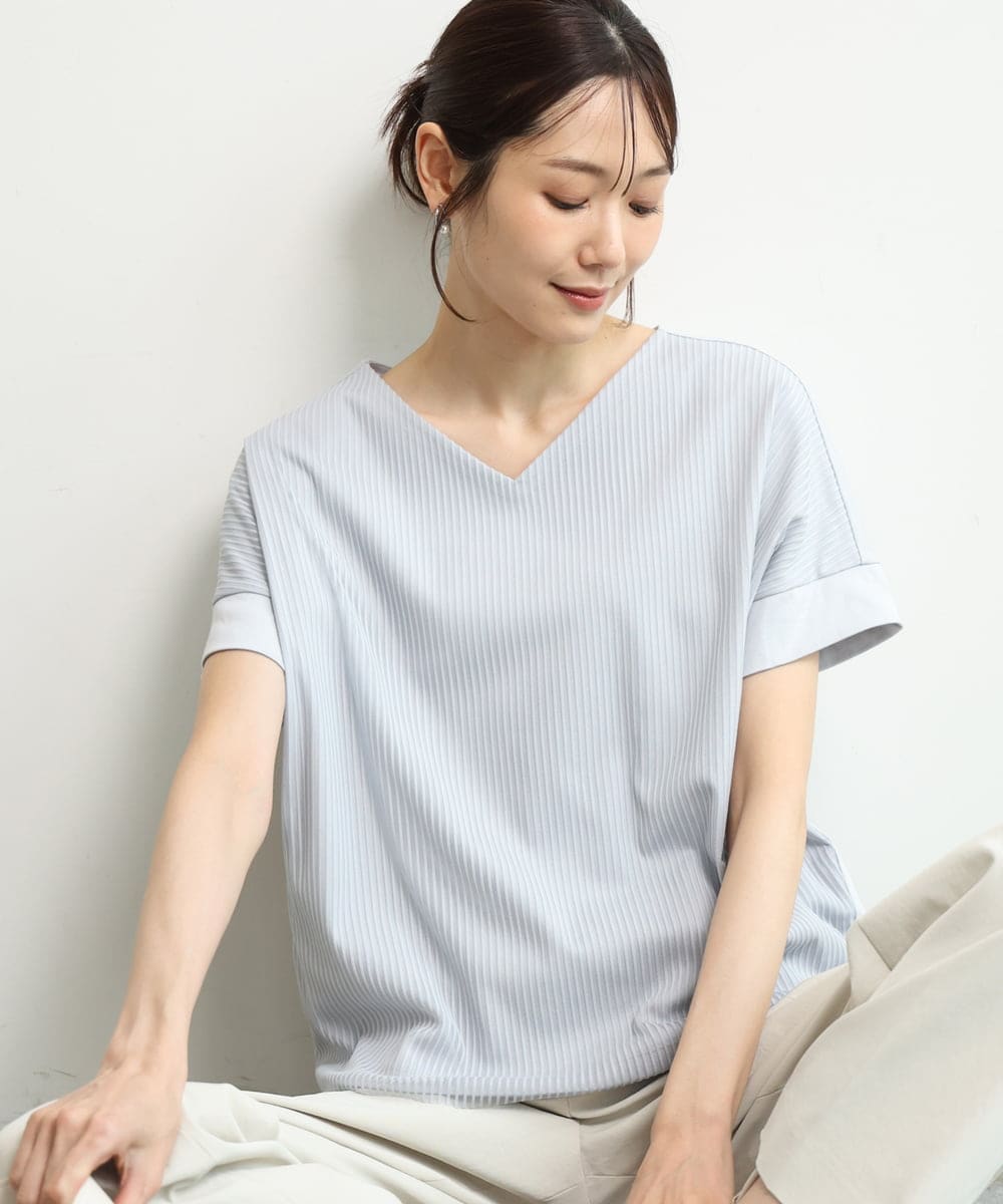 FOKGD40110 MK MICHEL KLEIN(MK ミッシェルクラン) [接触冷感/洗える]ストライプチュールカットソー ライトブルー