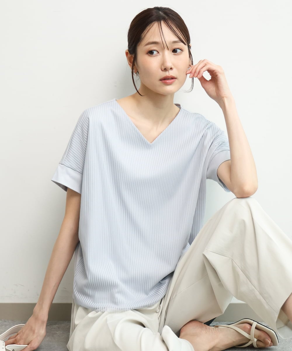 FOKGD40110 MK MICHEL KLEIN(MK ミッシェルクラン) [接触冷感/洗える]ストライプチュールカットソー ライトブルー