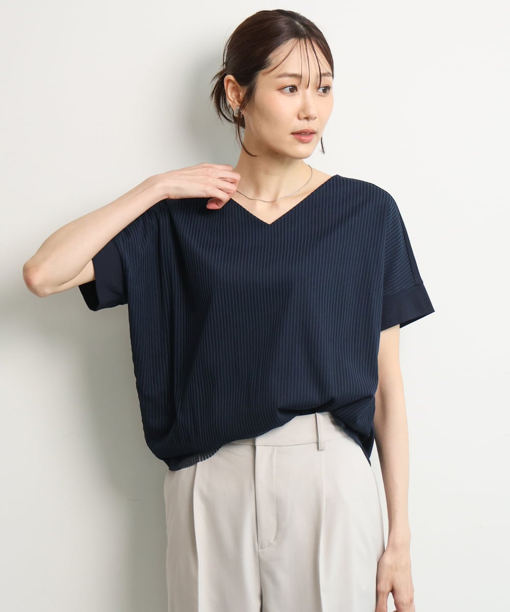 FOKGD40110 MK MICHEL KLEIN(MK ミッシェルクラン) [接触冷感/洗える]ストライプチュールカットソー ライトブルー