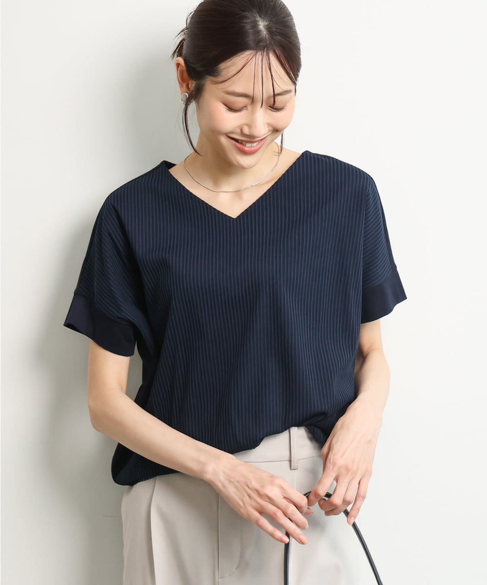 FOKGD40110 MK MICHEL KLEIN(MK ミッシェルクラン) [接触冷感/洗える]ストライプチュールカットソー ライトブルー